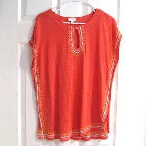 J. Jill Love Linen Coral Embroidered Tunic Top Size XS Petite Blouse Boho Shirt